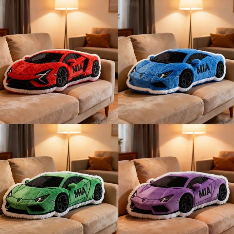 Personalized Race Car Shaped Pillow Custom Name Sports Car Plush Cushion Choose Color 3D Graphic Print Gift for Racing Fans