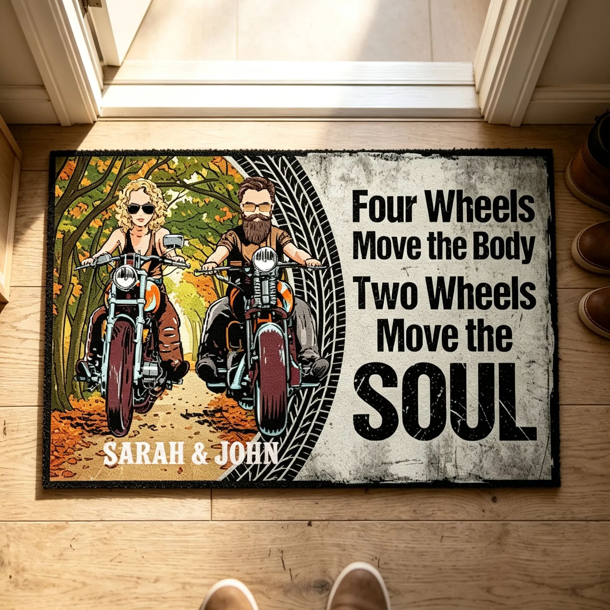 [Copy]Personalized Vintage Old School Biker Couple Motorcycle Custom Names Ride Or Die Coir Entrance Doormat