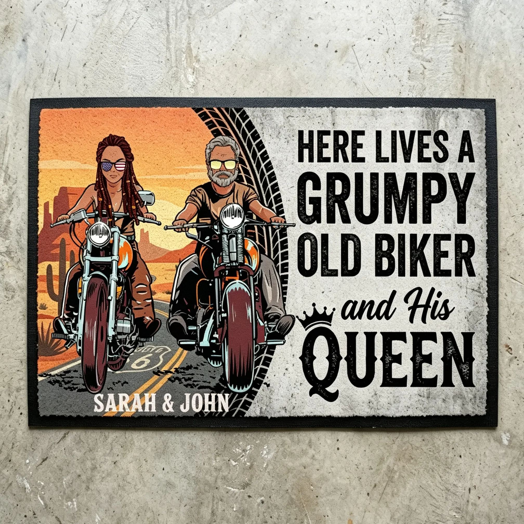 Personalized Route 66 Desert Grumpy Old Biker And His Queen Custom Couple Names Coir Entrance Doormat