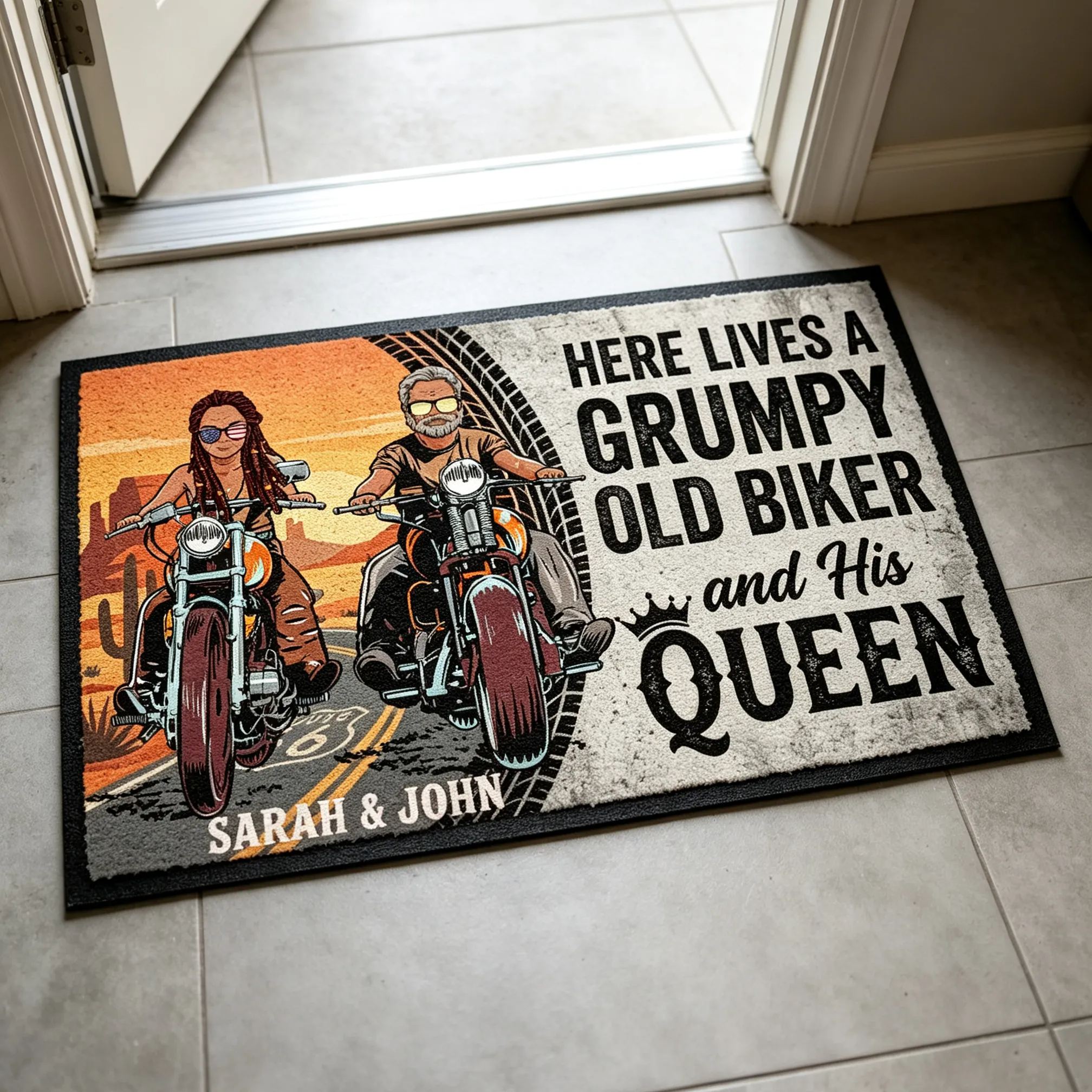 Personalized Route 66 Desert Grumpy Old Biker And His Queen Custom Couple Names Coir Entrance Doormat