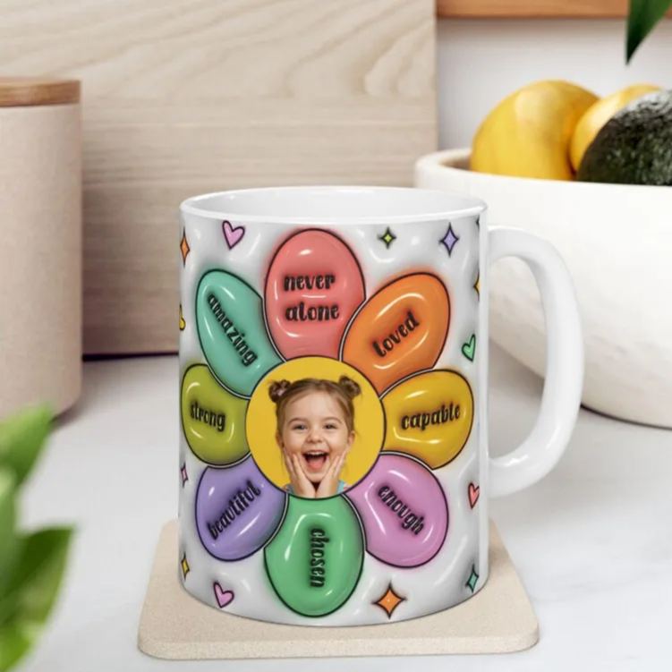 Personalized Inspirational Flower Mug with Uplifting Words and Custom Photo Center 3D Inflated Effect Printed Mug