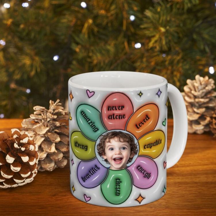 Personalized Inspirational Flower Mug with Uplifting Words and Custom Photo Center 3D Inflated Effect Printed Mug