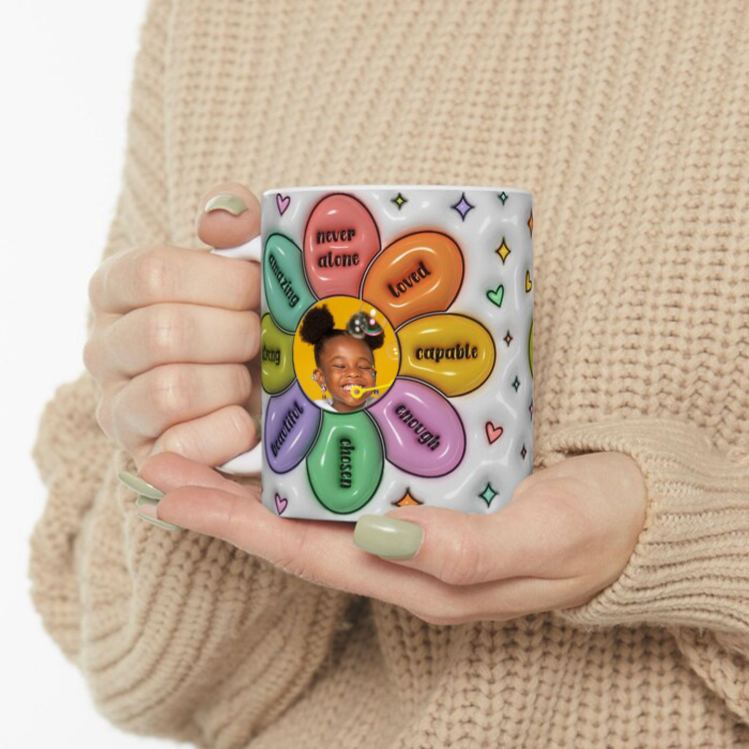 Personalized Inspirational Flower Mug with Uplifting Words and Custom Photo Center 3D Inflated Effect Printed Mug