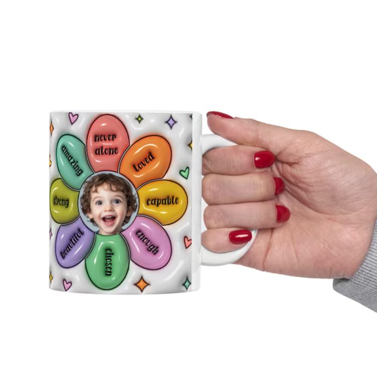 Personalized Inspirational Flower Mug with Uplifting Words and Custom Photo Center 3D Inflated Effect Printed Mug