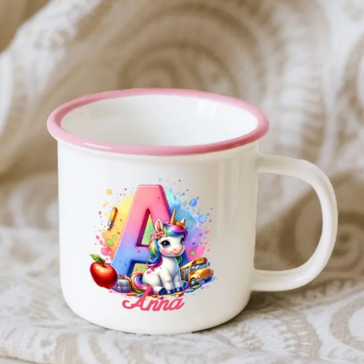 Personalized Fantasy Unicorn 12 oz Colored Rim Enamel Mug with Name and Initial Camping Back to School Birthday Gift for Boys Girls
