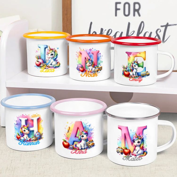 Personalized Fantasy Unicorn 12 oz Colored Rim Enamel Mug with Name and Initial Camping Back to School Birthday Gift for Boys Girls
