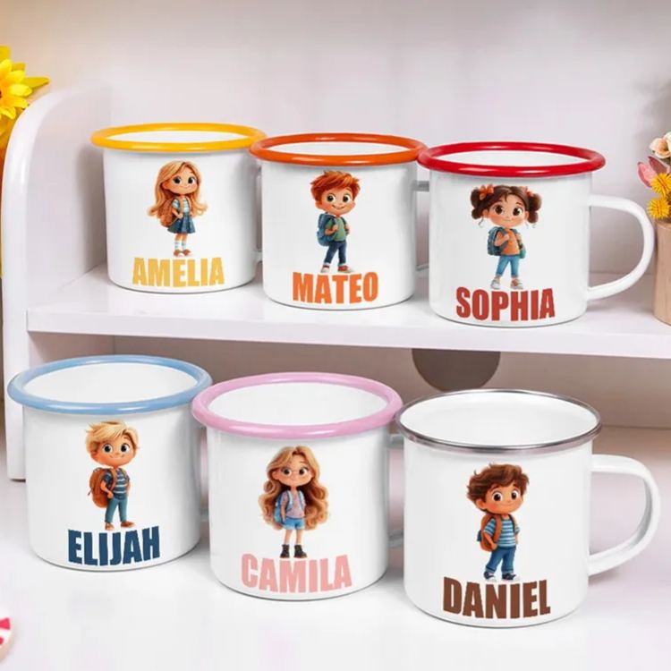 Personalized 3D Cartoon Attend School Kid 12 oz Colorful Rim Enamel Mug with Name Daily Use Birthday Back to School Gift for Boys Girls
