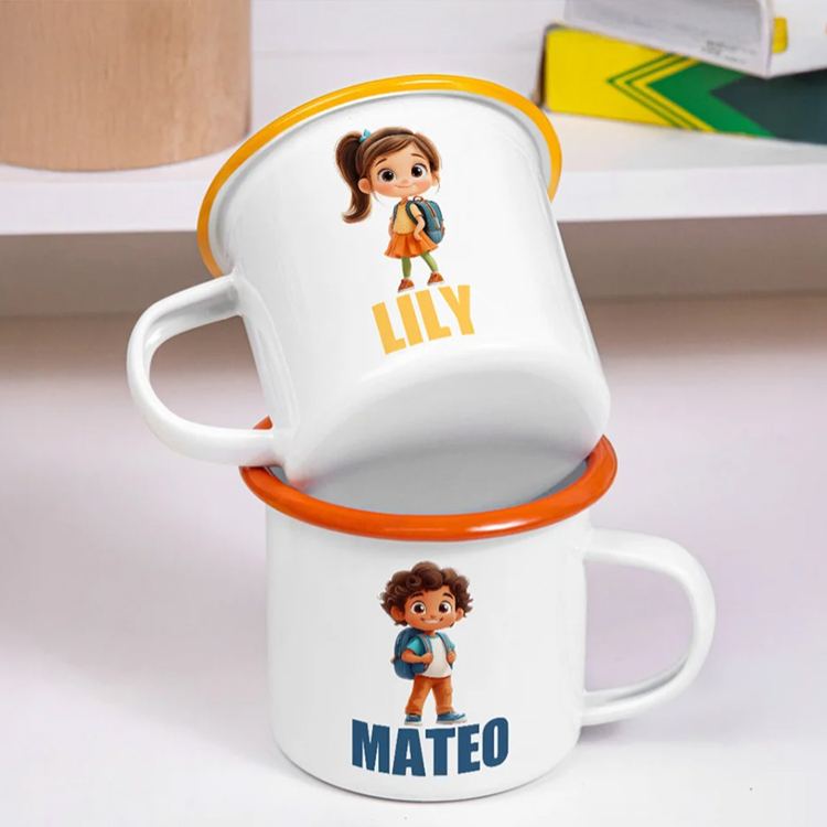 Personalized 3D Cartoon Attend School Kid 12 oz Colorful Rim Enamel Mug with Name Daily Use Birthday Back to School Gift for Boys Girls