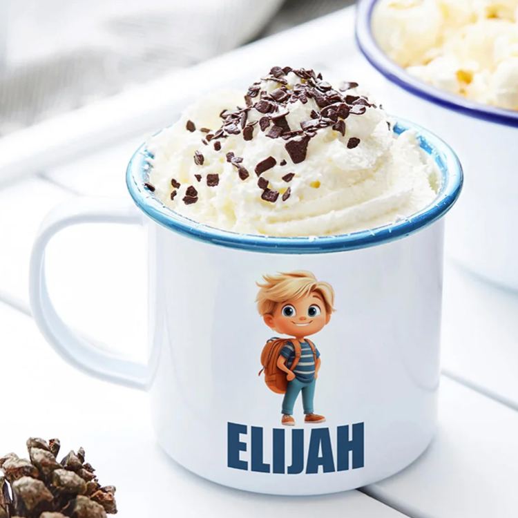 Personalized 3D Cartoon Attend School Kid 12 oz Colorful Rim Enamel Mug with Name Daily Use Birthday Back to School Gift for Boys Girls