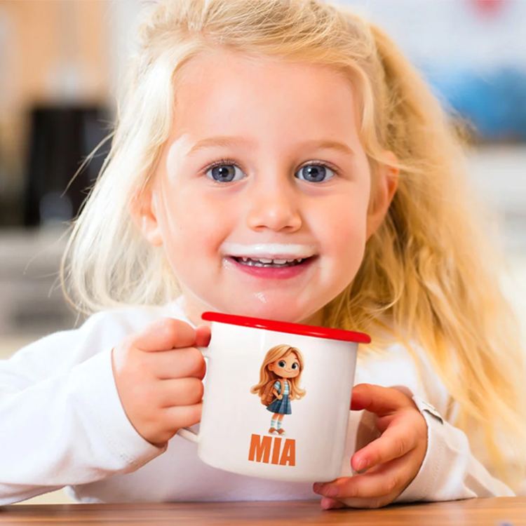 Personalized 3D Cartoon Attend School Kid 12 oz Colorful Rim Enamel Mug with Name Daily Use Birthday Back to School Gift for Boys Girls
