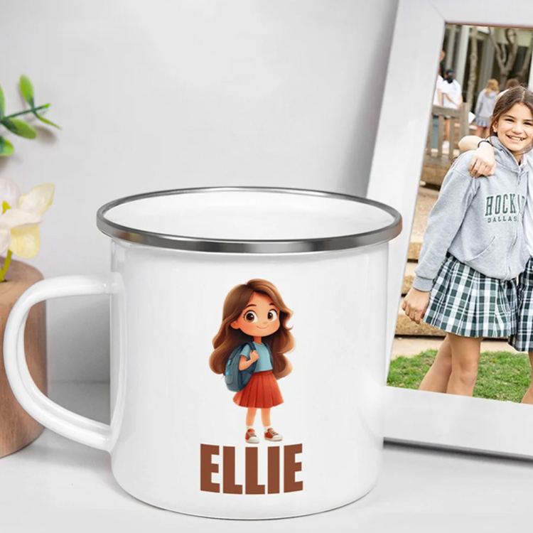 Personalized 3D Cartoon Attend School Kid 12 oz Colorful Rim Enamel Mug with Name Daily Use Birthday Back to School Gift for Boys Girls