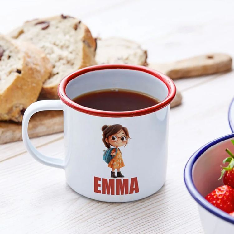 Personalized 3D Cartoon Attend School Kid 12 oz Colorful Rim Enamel Mug with Name Daily Use Birthday Back to School Gift for Boys Girls