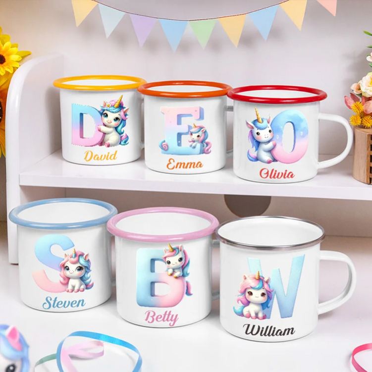 Personalized Fantasy Unicorn Gradient Initial 12 oz Colored Rim Enamel Mug with Name Birthday Children's Day Gift for Girls Boys