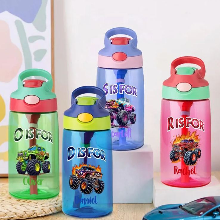 Personalized Extreme Stunt Truck 16 oz Kid Water Bottle with Straw Initial and Name Birthday Back to School Gift for Boys Girls