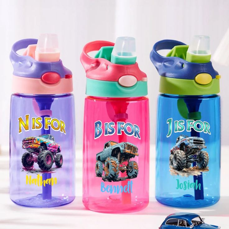Personalized Extreme Stunt Truck 16 oz Kid Water Bottle with Straw Initial and Name Birthday Back to School Gift for Boys Girls