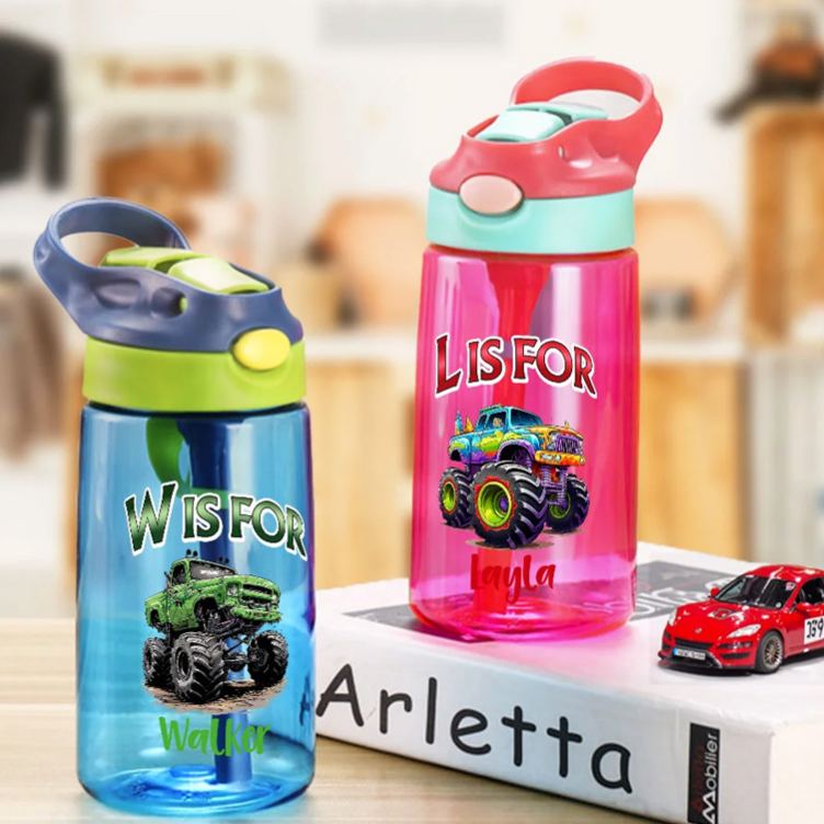 Personalized Extreme Stunt Truck 16 oz Kid Water Bottle with Straw Initial and Name Birthday Back to School Gift for Boys Girls