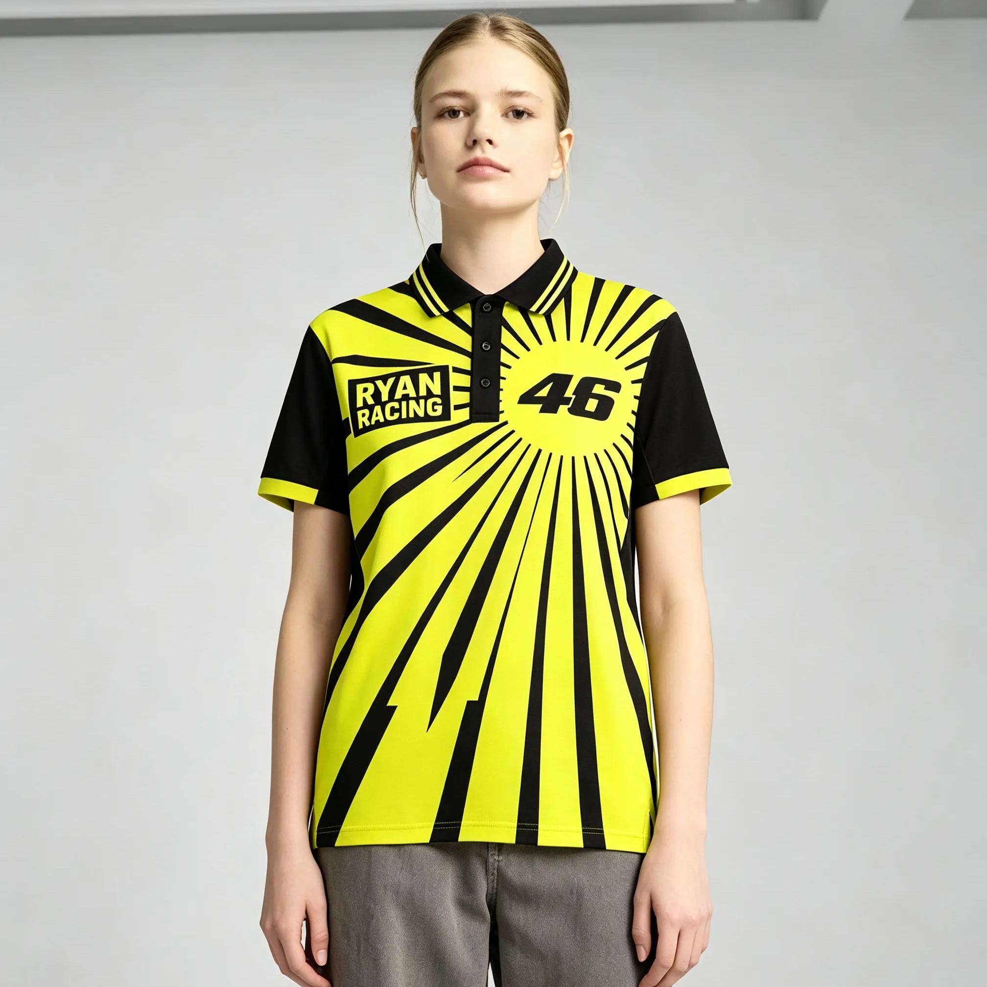 [Copy]Personalized Neon Green Black Honeycomb Split Racing Polo Shirt Custom Name Number Slogan Double Sided Motorsport Team Pit Crew Performance Polo