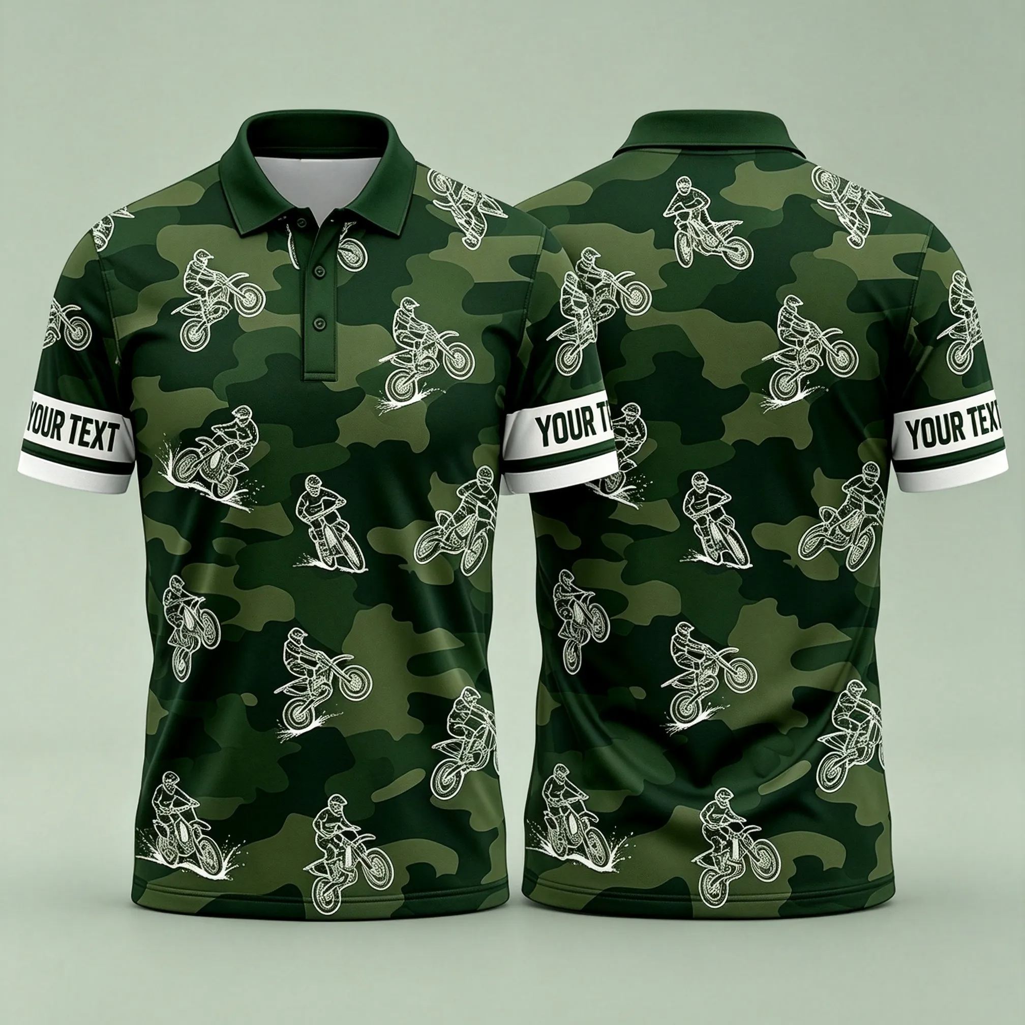 Personalized Green Camo Dirt Bike Sketch Motocross Polo Shirt Custom Sleeve Text All Over Print Double Sided Off-Road Racing Performance Polo