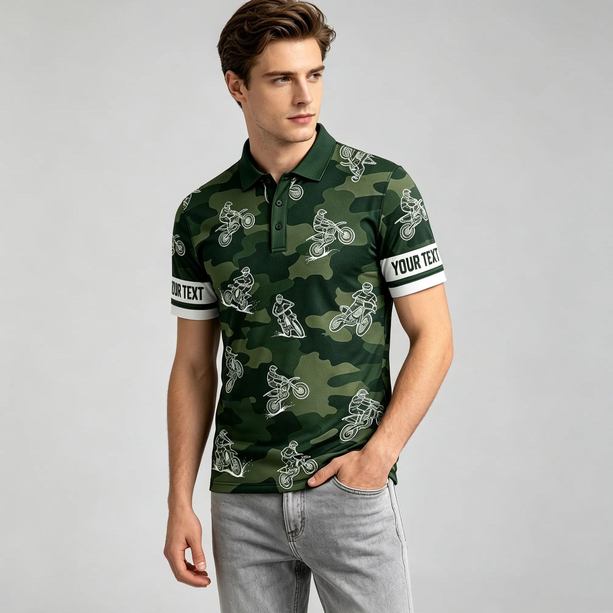 Personalized Green Camo Dirt Bike Sketch Motocross Polo Shirt Custom Sleeve Text All Over Print Double Sided Off-Road Racing Performance Polo