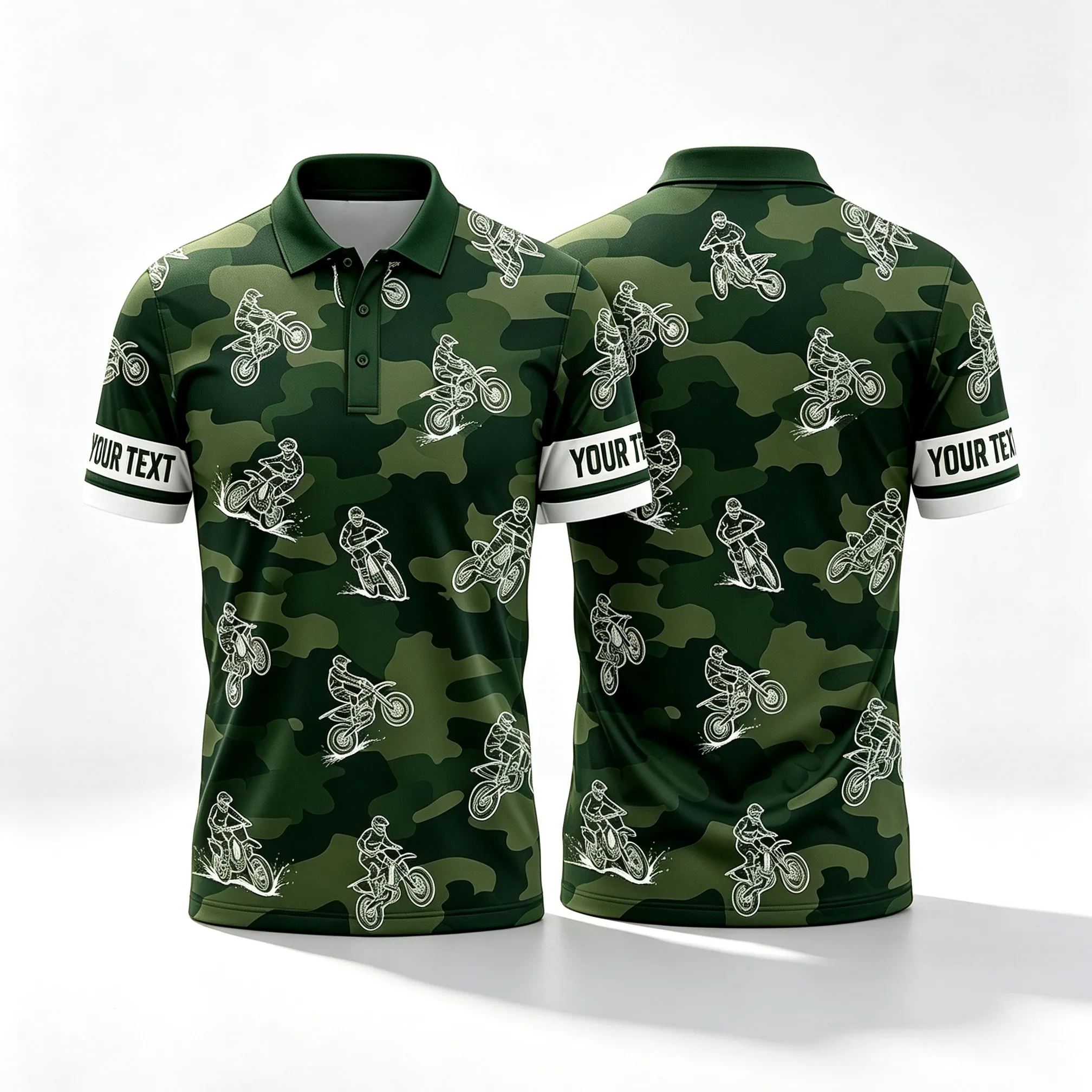Personalized Green Camo Dirt Bike Sketch Motocross Polo Shirt Custom Sleeve Text All Over Print Double Sided Off-Road Racing Performance Polo