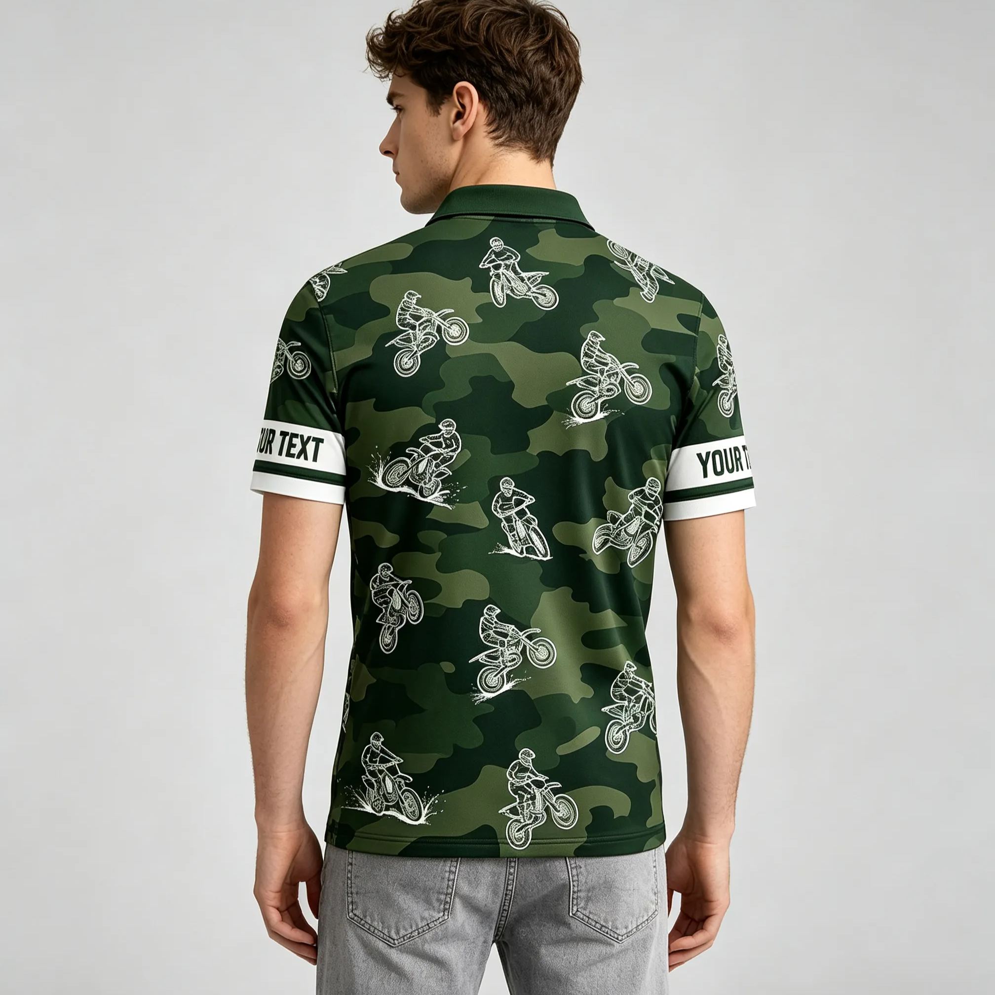 Personalized Green Camo Dirt Bike Sketch Motocross Polo Shirt Custom Sleeve Text All Over Print Double Sided Off-Road Racing Performance Polo