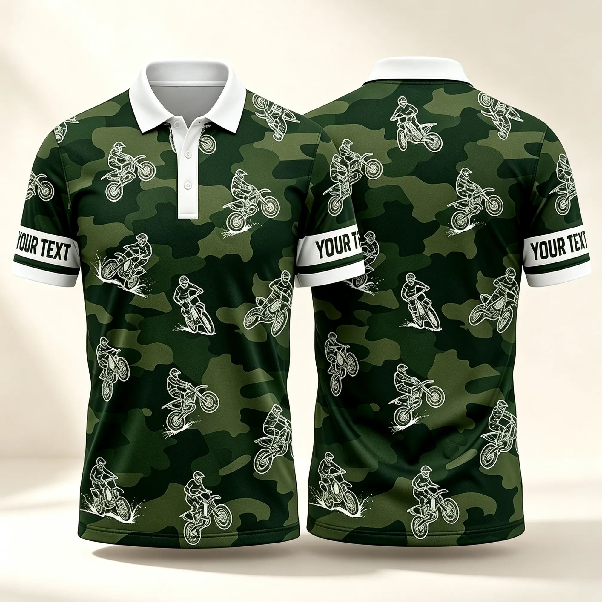 Personalized Green Camo Dirt Bike Sketch Motocross Polo Shirt Custom Sleeve Text All Over Print Double Sided Off-Road Racing Performance Polo
