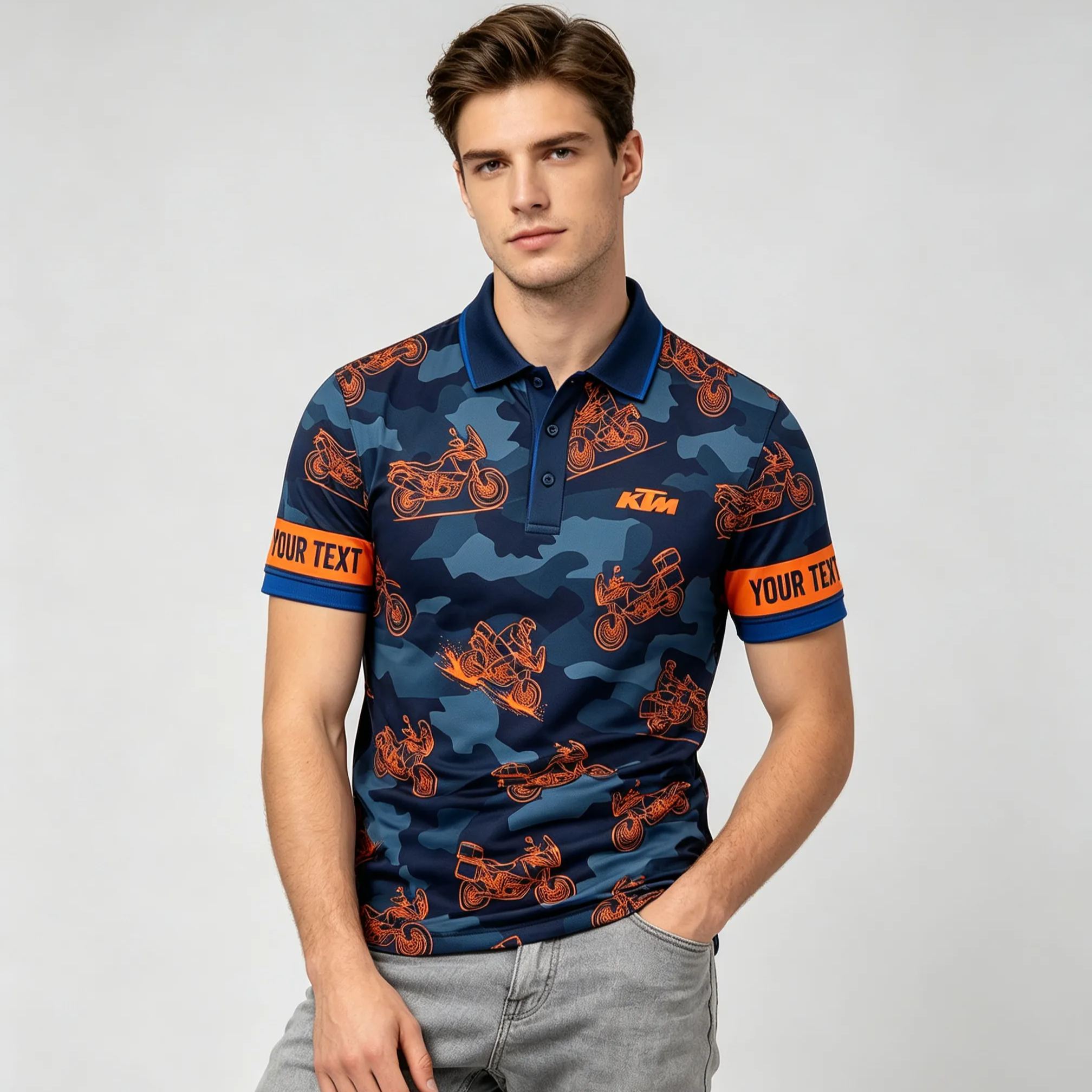 [Copy]Personalized Green Camo Dirt Bike Sketch Motocross Polo Shirt Custom Sleeve Text All Over Print Double Sided Off-Road Racing Performance Polo