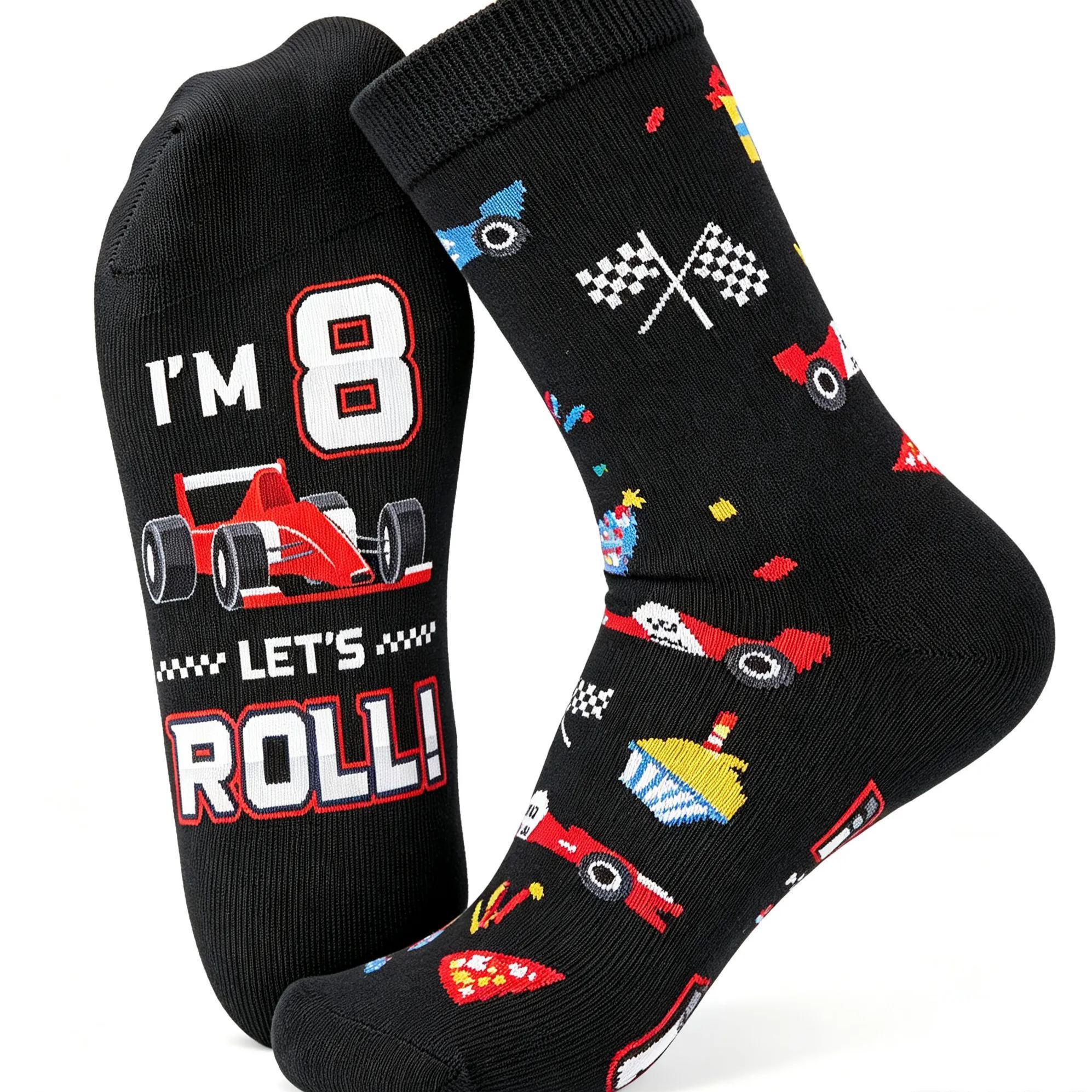 Personalized Kids Let's Roll Race Car Birthday Crew Socks Formula Racing Checkered Flag Novelty Socks Racing Themed Party Gift
