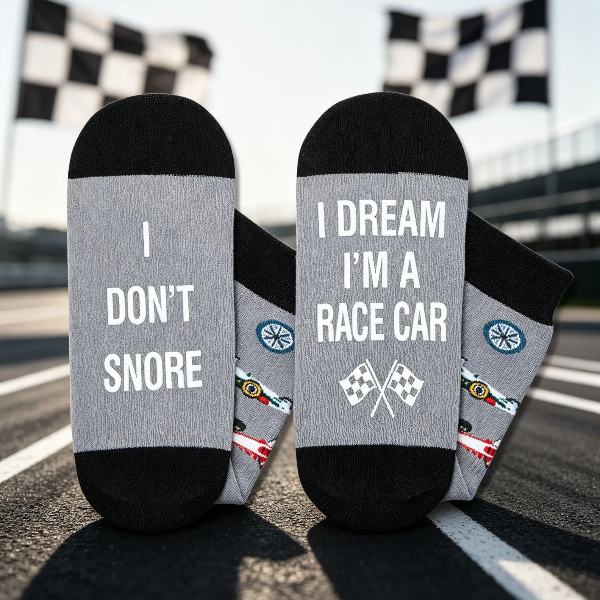 I Don't Snore I Dream I'm A Race Car Funny Checkered Flag Novelty Crew Socks Gift For Racing Car Lovers Motorsport Fans