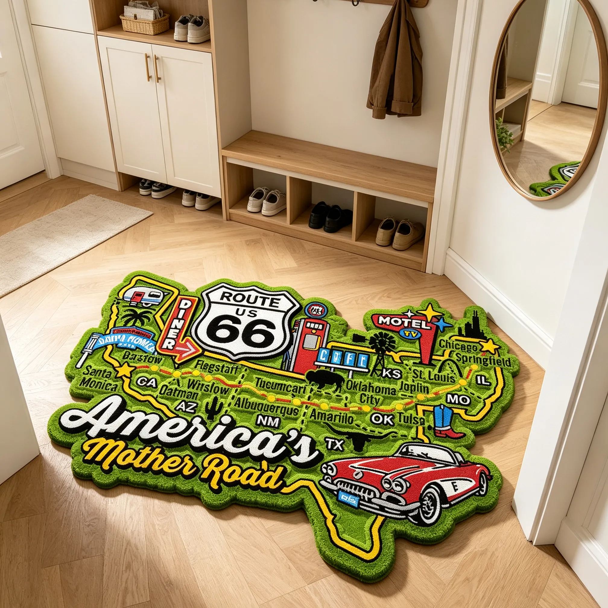 [Copy]Route 66 100th Anniversary Shaped Area Rug Vintage Non Slip Decorative Carpet Retro Road Trip Home Floor Mat