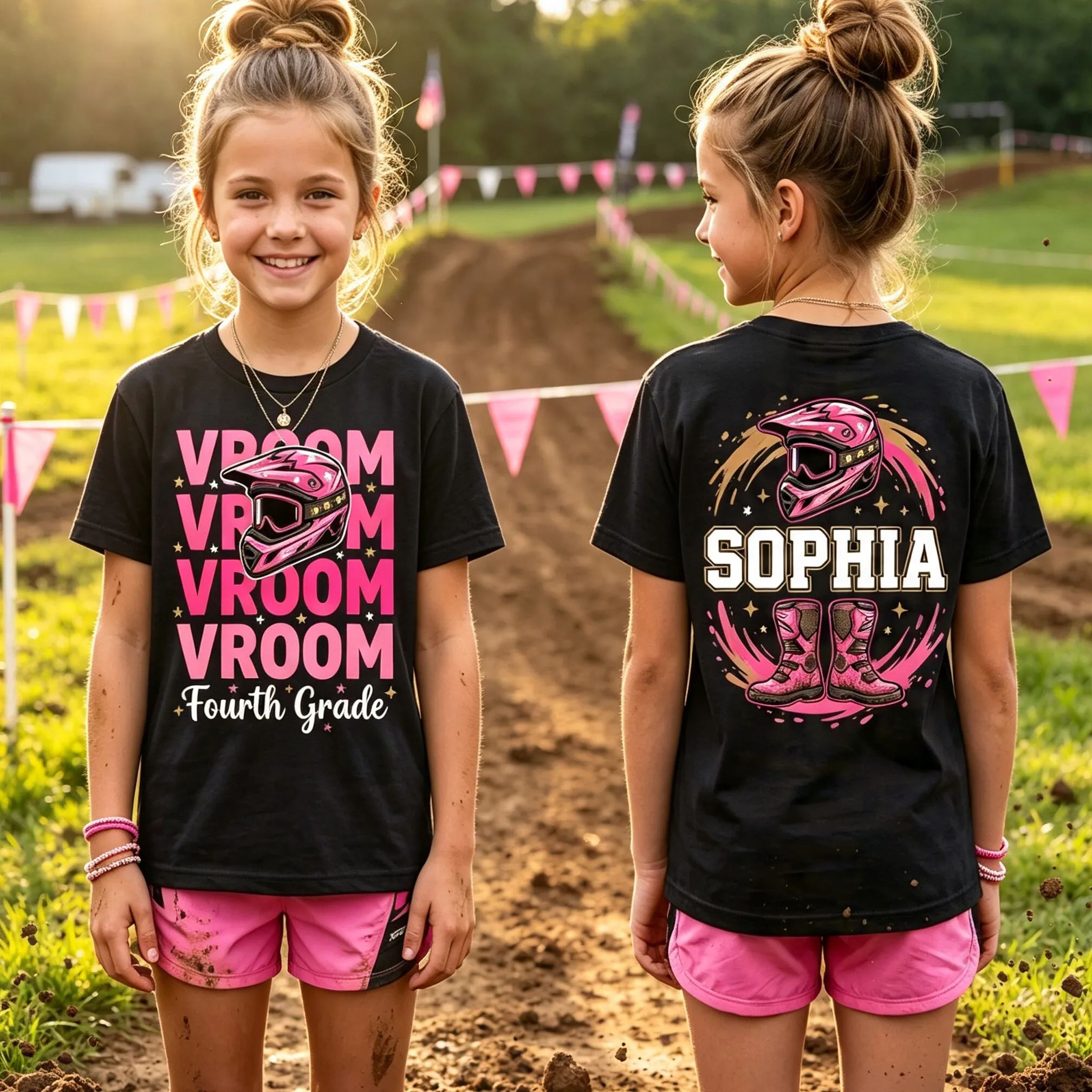 [Copy]Personalized Name and Grade Ride Dirt Bike Girls Back To School T-Shirt