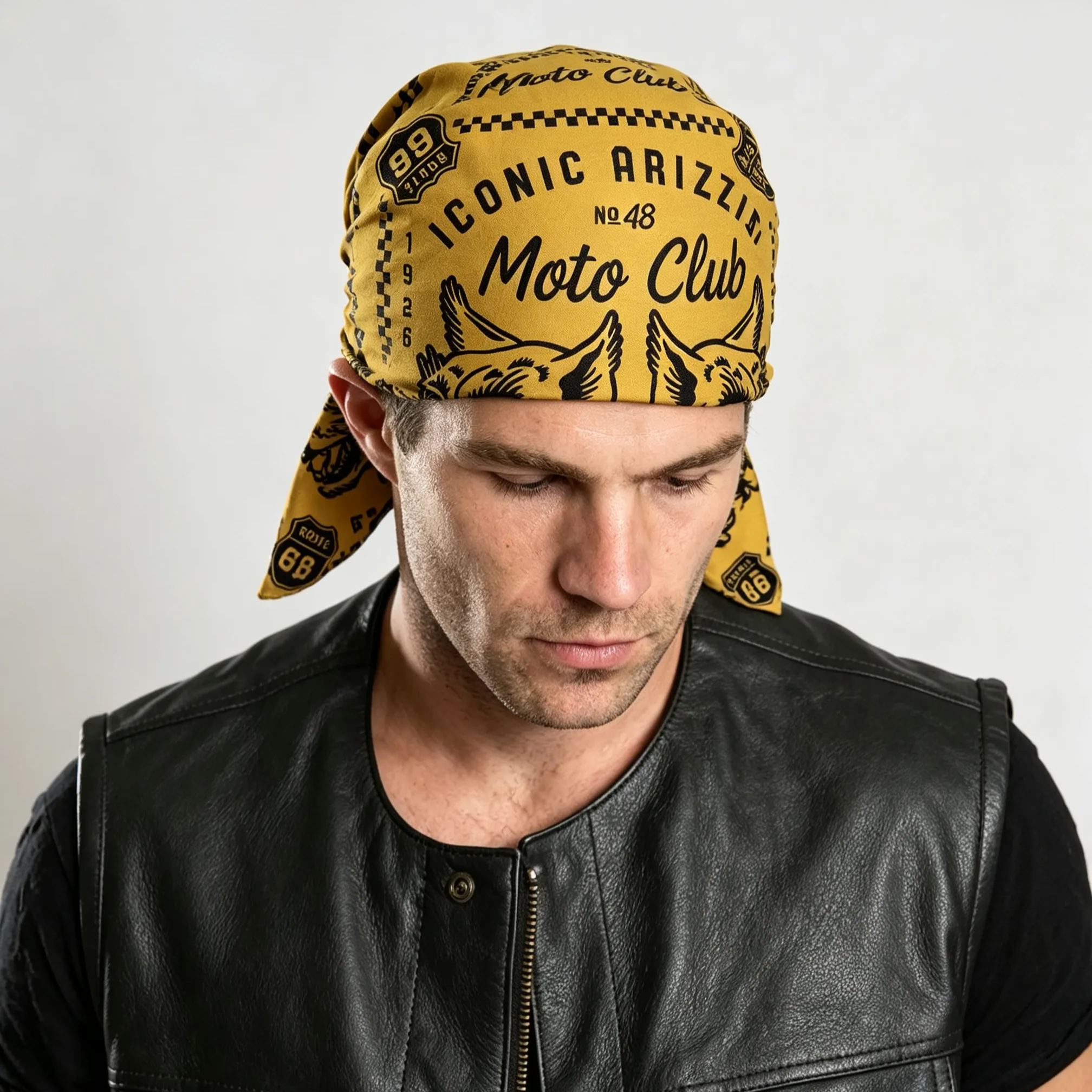 Retro Yellow Route 66 Arizona Moto Club 100 Year Anniversary Wildcat Bandana, Motorcycle Biker Neck Scarf Head Wrap