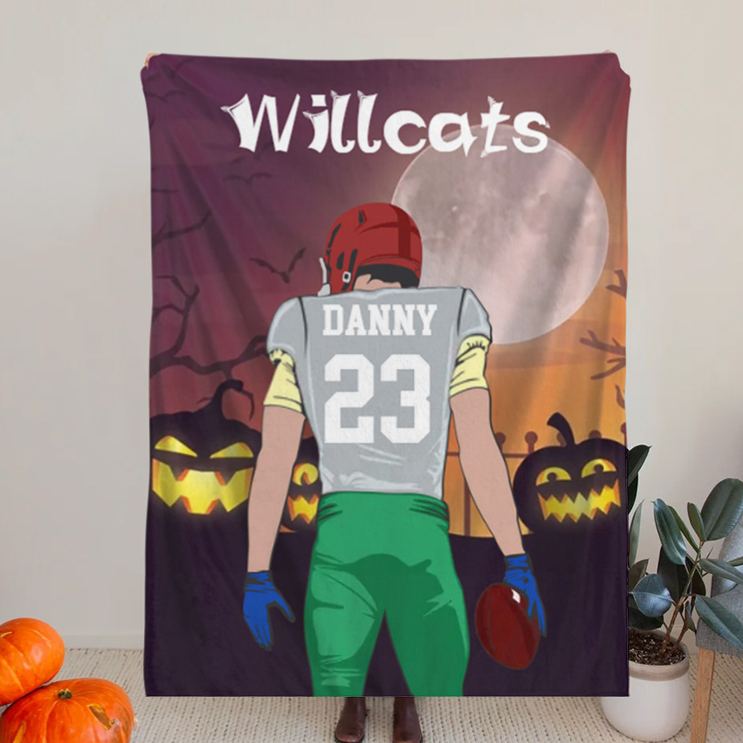 Personalized Halloween Football Spirit Blanket with Your Name and Jersey Number, Celebrate Your Star Player