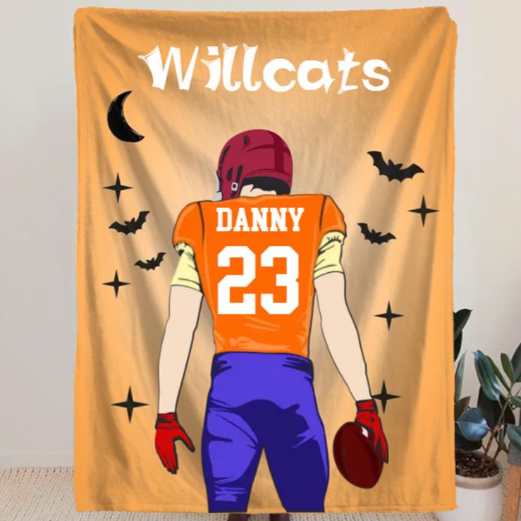 Personalized Halloween Football Spirit Blanket with Your Name and Jersey Number, Celebrate Your Star Player