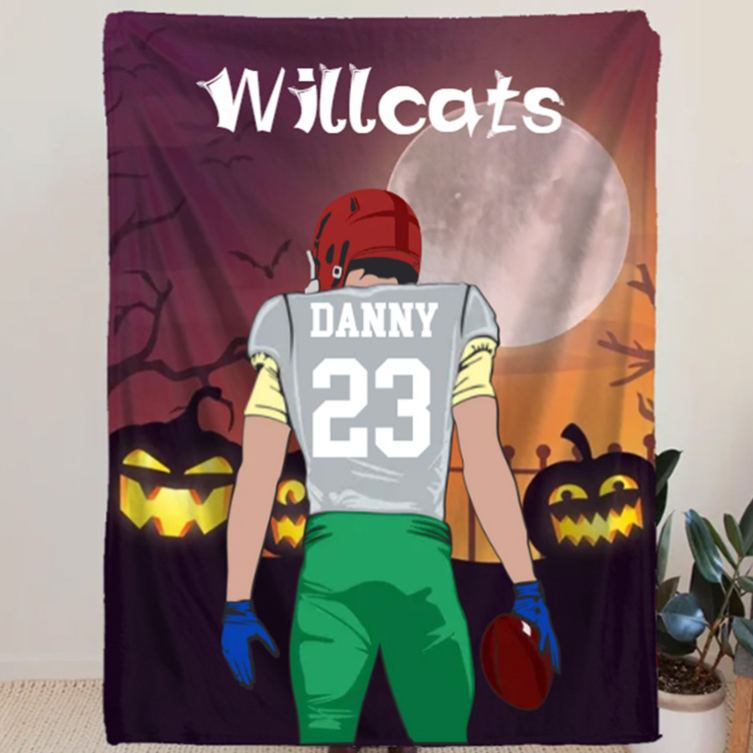 Personalized Halloween Football Spirit Blanket with Your Name and Jersey Number, Celebrate Your Star Player
