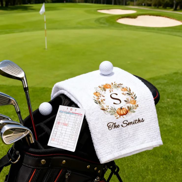 Personalized Golf Towel with Pumpkin Wreath and Custom Family Name 