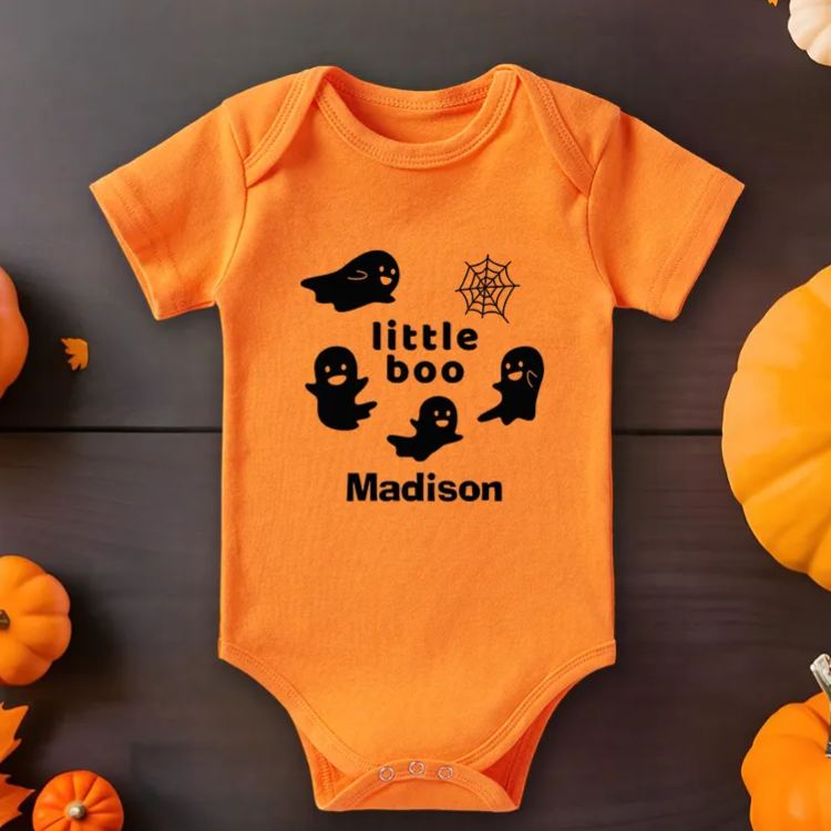 Personalized Little Boo Featuring Ghosts and Spider Web Motif with Customizable Name for Baby Onesie