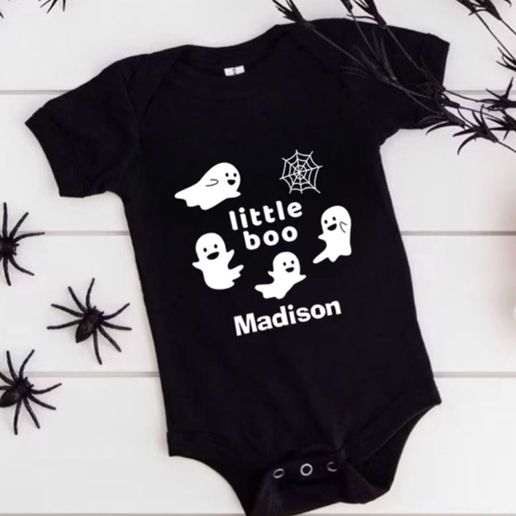 Personalized Little Boo Featuring Ghosts and Spider Web Motif with Customizable Name for Baby Onesie