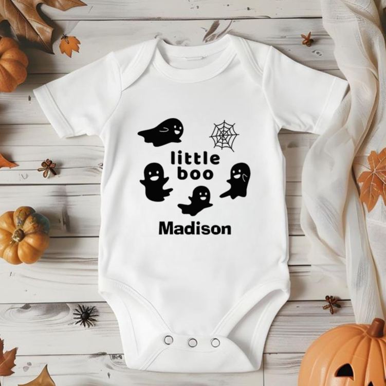 Personalized Little Boo Featuring Ghosts and Spider Web Motif with Customizable Name for Baby Onesie