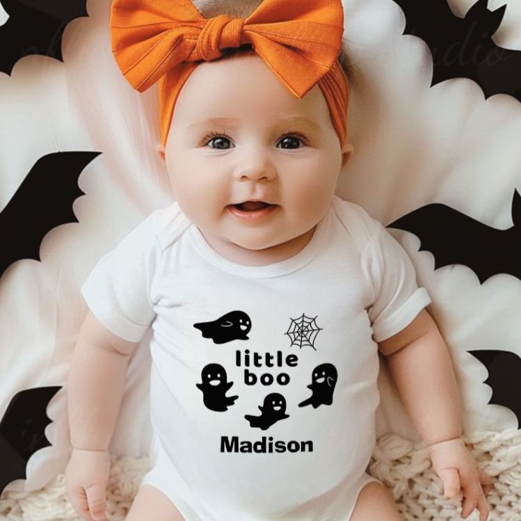 Personalized Little Boo Featuring Ghosts and Spider Web Motif with Customizable Name for Baby Onesie