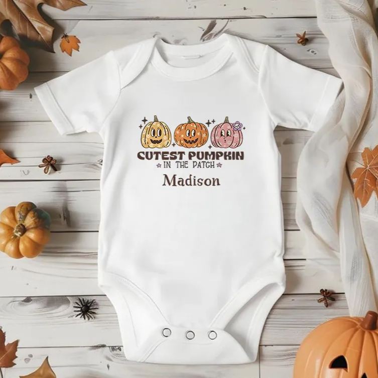 Personalized Cutest Pumpkin in the Patch Featuring Pumpkin Motif and Customizable Name for Baby Onesie