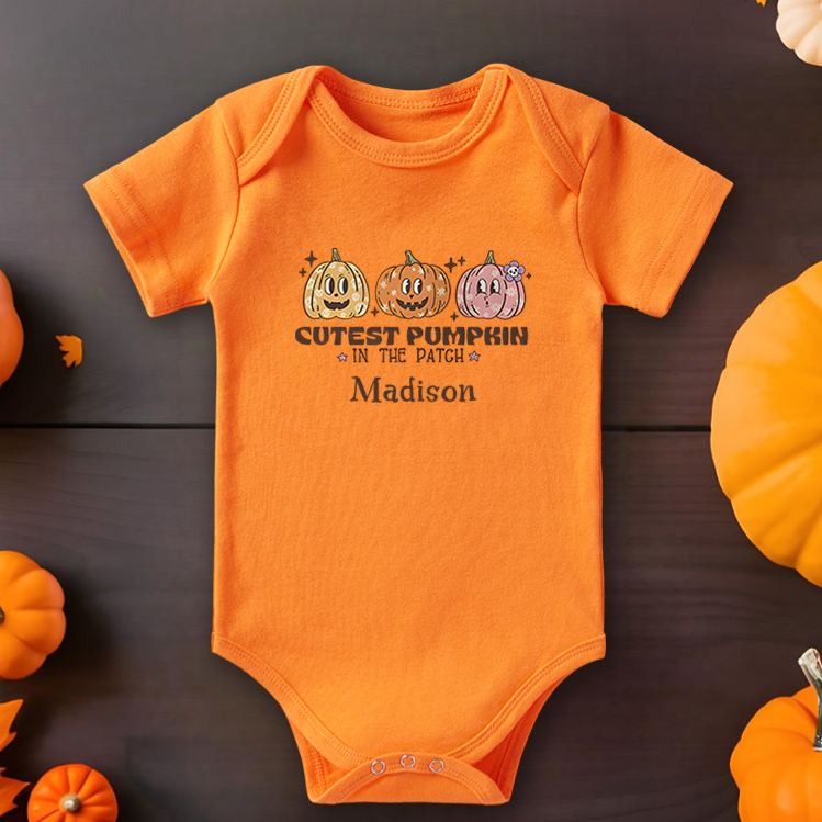 Personalized Cutest Pumpkin in the Patch Featuring Pumpkin Motif and Customizable Name for Baby Onesie
