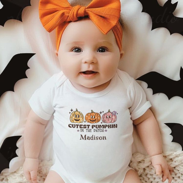Personalized Cutest Pumpkin in the Patch Featuring Pumpkin Motif and Customizable Name for Baby Onesie