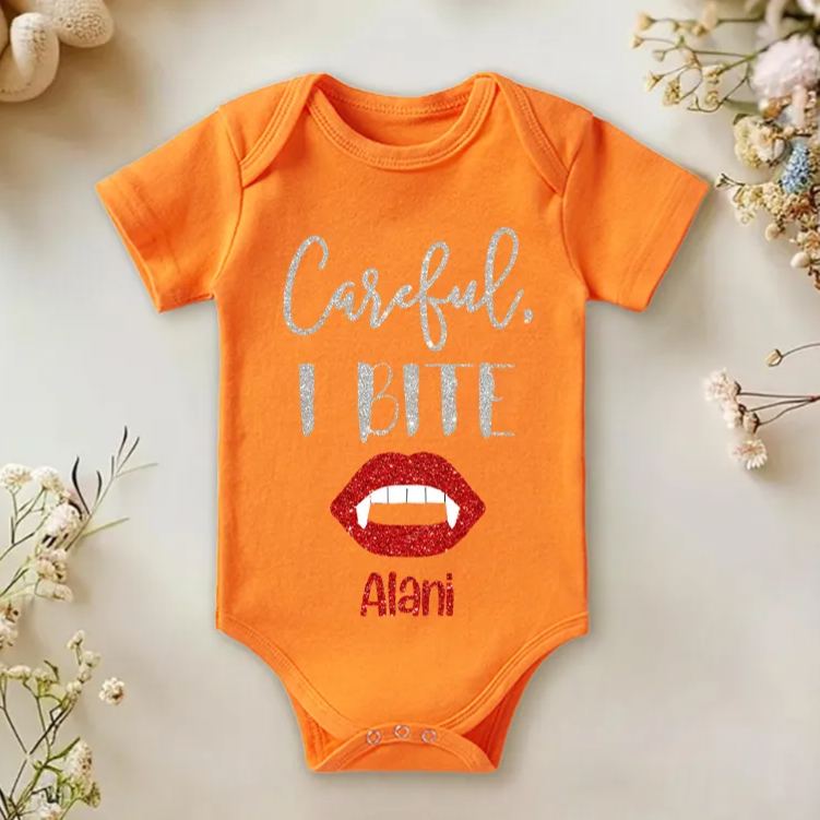 Personalized Careful I Bite Halloween Vampire Baby Onesie 1st Halloween Baby Gift