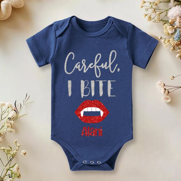 Personalized Careful I Bite Halloween Vampire Baby Onesie 1st Halloween Baby Gift