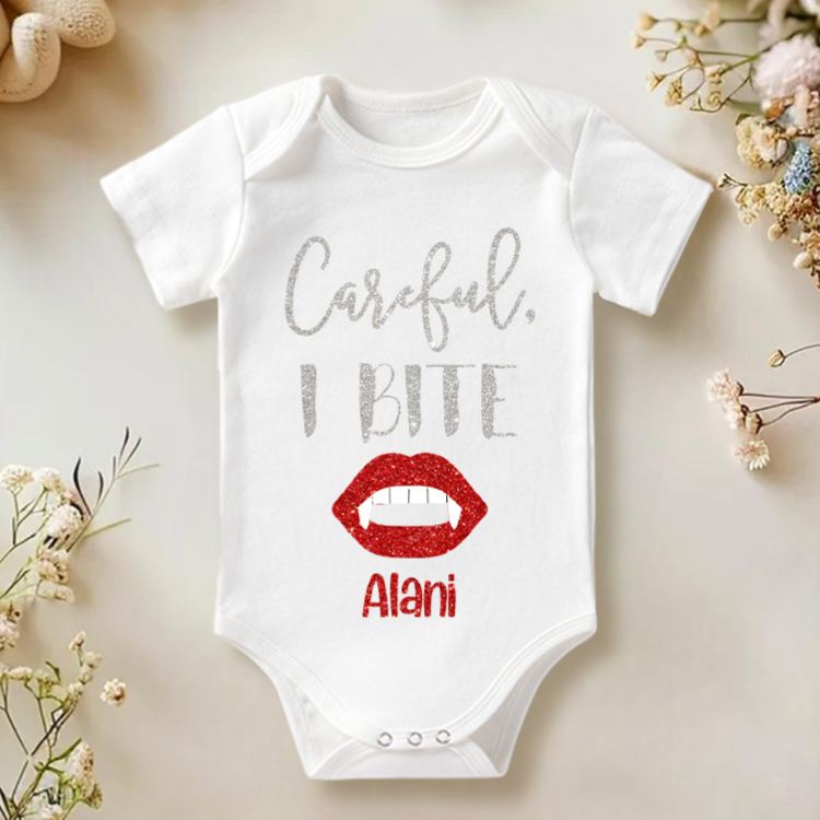 Personalized Careful I Bite Halloween Vampire Baby Onesie 1st Halloween Baby Gift