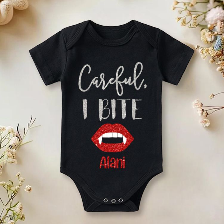 Personalized Careful I Bite Halloween Vampire Baby Onesie 1st Halloween Baby Gift