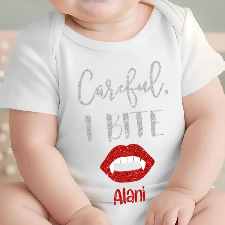 Personalized Careful I Bite Halloween Vampire Baby Onesie 1st Halloween Baby Gift