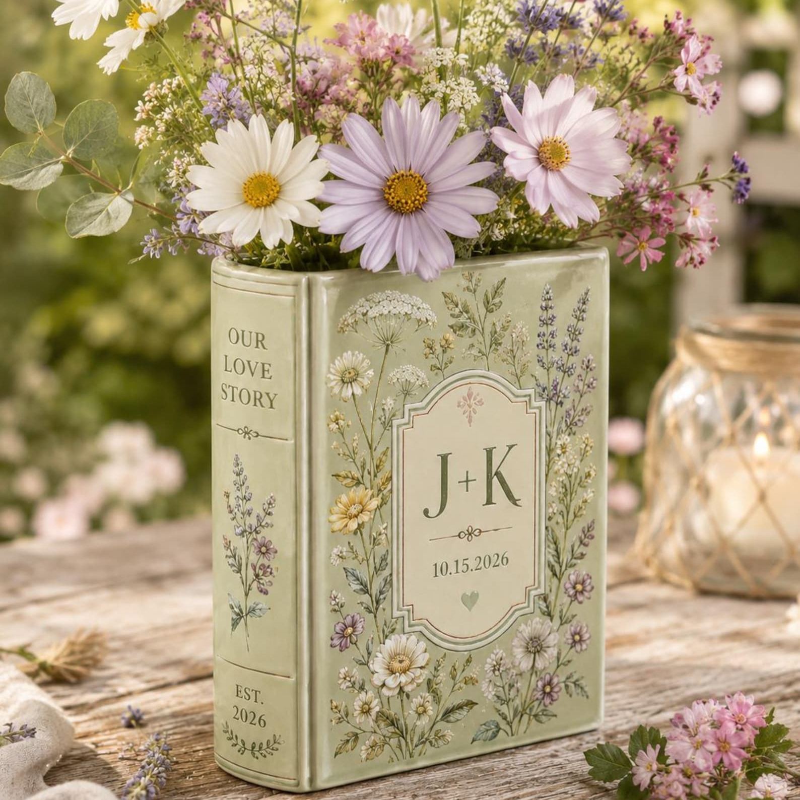 Personalized Floral Book Shaped Vase Personalized Couple Initials Vase Wedding Centerpiece Gift, Anniversary Keepsake Decor