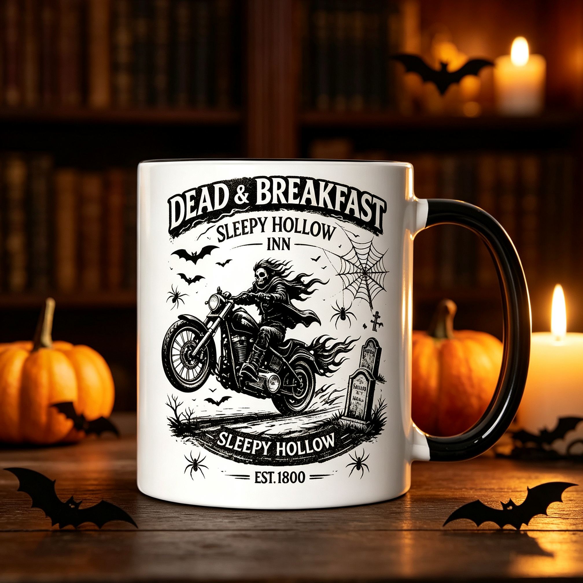 [Copy]Sleepy Hollow Inn Dead Breakfast Halloween Coffee Mug, Headless Horseman Motorcycle Black Handle Ceramic Cup